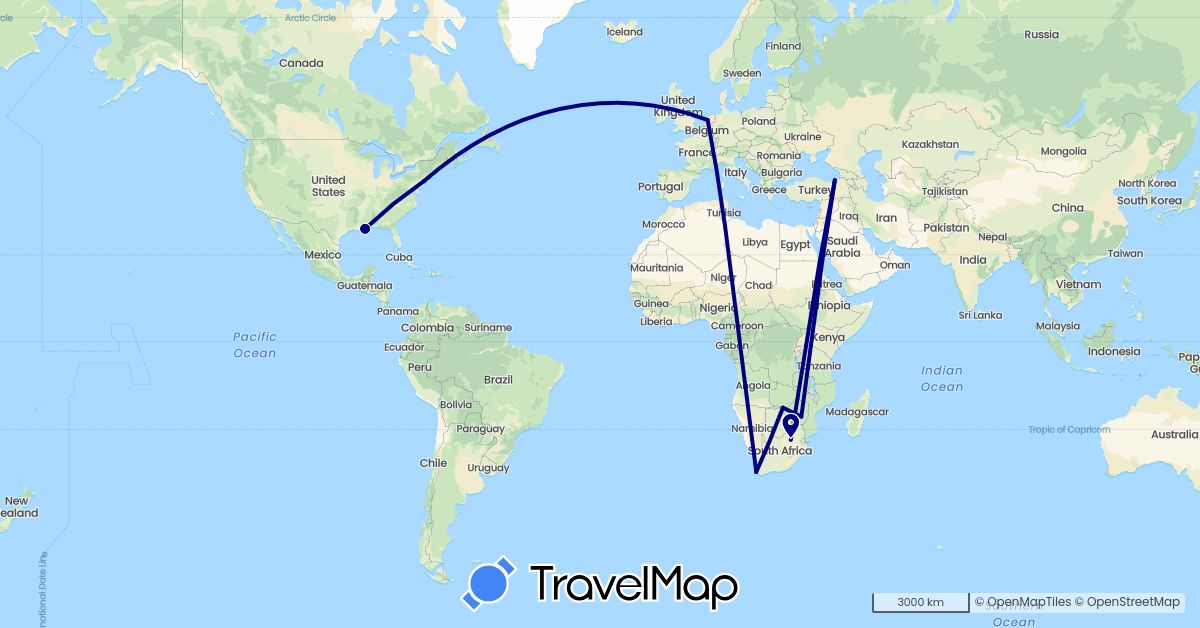 TravelMap itinerary: driving in Netherlands, Turkey, United States, South Africa, Zimbabwe (Africa, Asia, Europe, North America)